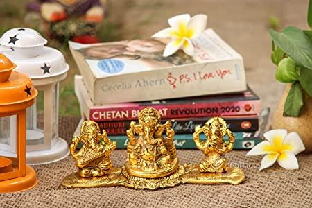 Gold Plated Lakshmi ji, Ganesh ji, Saraswati ji Idol with Deepak Showpiece