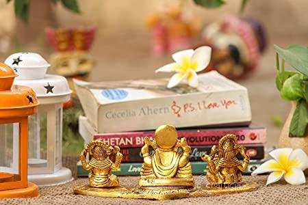 Gold Plated Lakshmi ji, Ganesh ji, Saraswati ji Idol with Deepak Showpiece