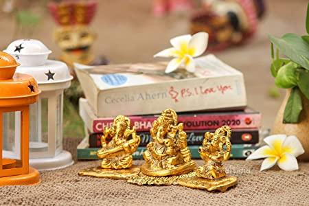 Gold Plated Lakshmi ji, Ganesh ji, Saraswati ji Idol with Deepak Showpiece